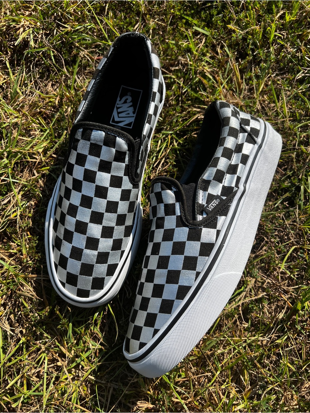CLEAN Vans size 7.5 Mens Slip On Checkerboard Silver shoes